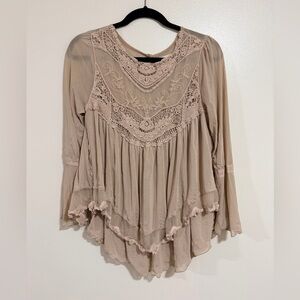 Altar'd State Taupe Lace Sheer Tunic Blouse Size medium Bell Sleeve Fairy core